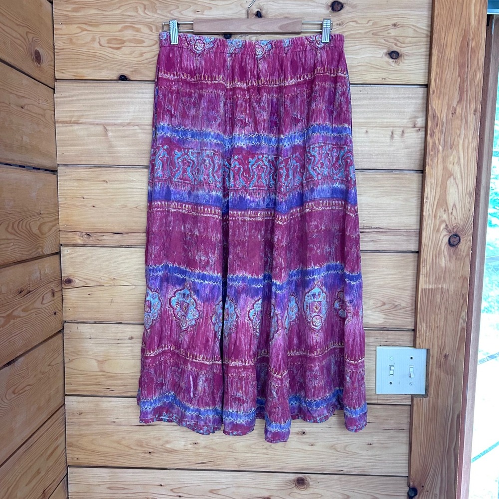 Vintage Maxi Skirt Womens Large Magenta Batik Boho Broomstick Tiered Chicos